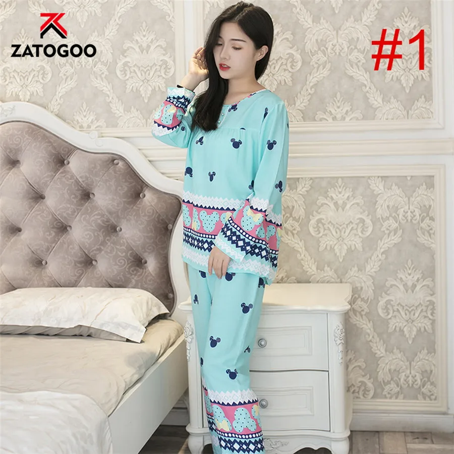 Pattern 1 Осенний тонкий домашний костюм мультфильм Женская пижама с длинным рукавом Цветочный костюм домашний женский милый мягкий удобный пижамный комплект розовый синий - Цвет: Pattern 1