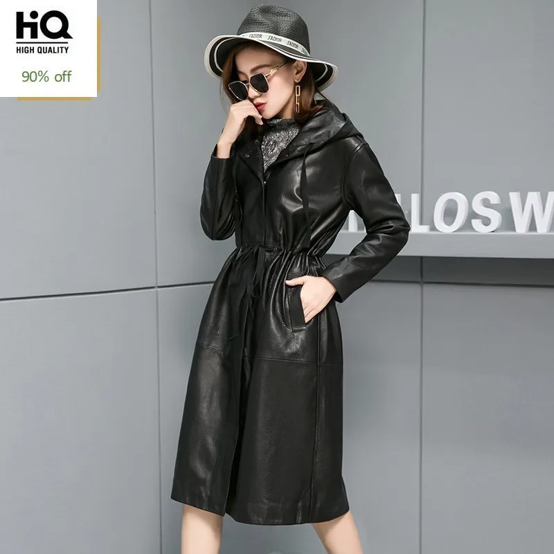 2020 Модный женский черный длинный Тренч из натуральной овечьей кожи с капюшоном и
