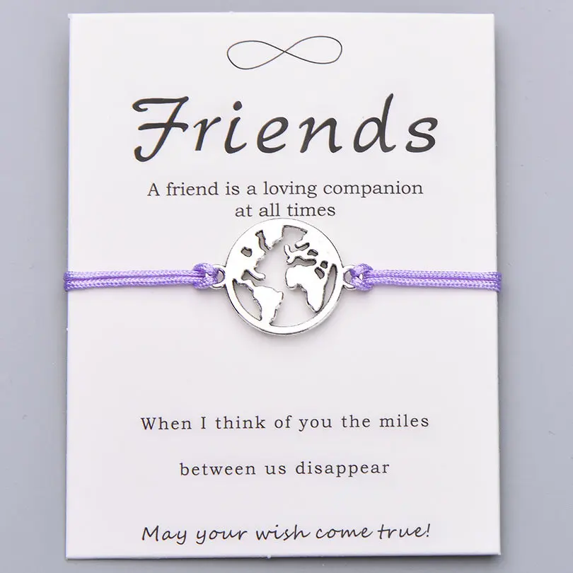 lt purple with card Pipitree модный браслет дружбы, красная нить на удачу, Карта мира, браслеты для женщин, мужчин, друзей, ювелирный подарок, регулируемый - Окраска металла: lt purple with card
