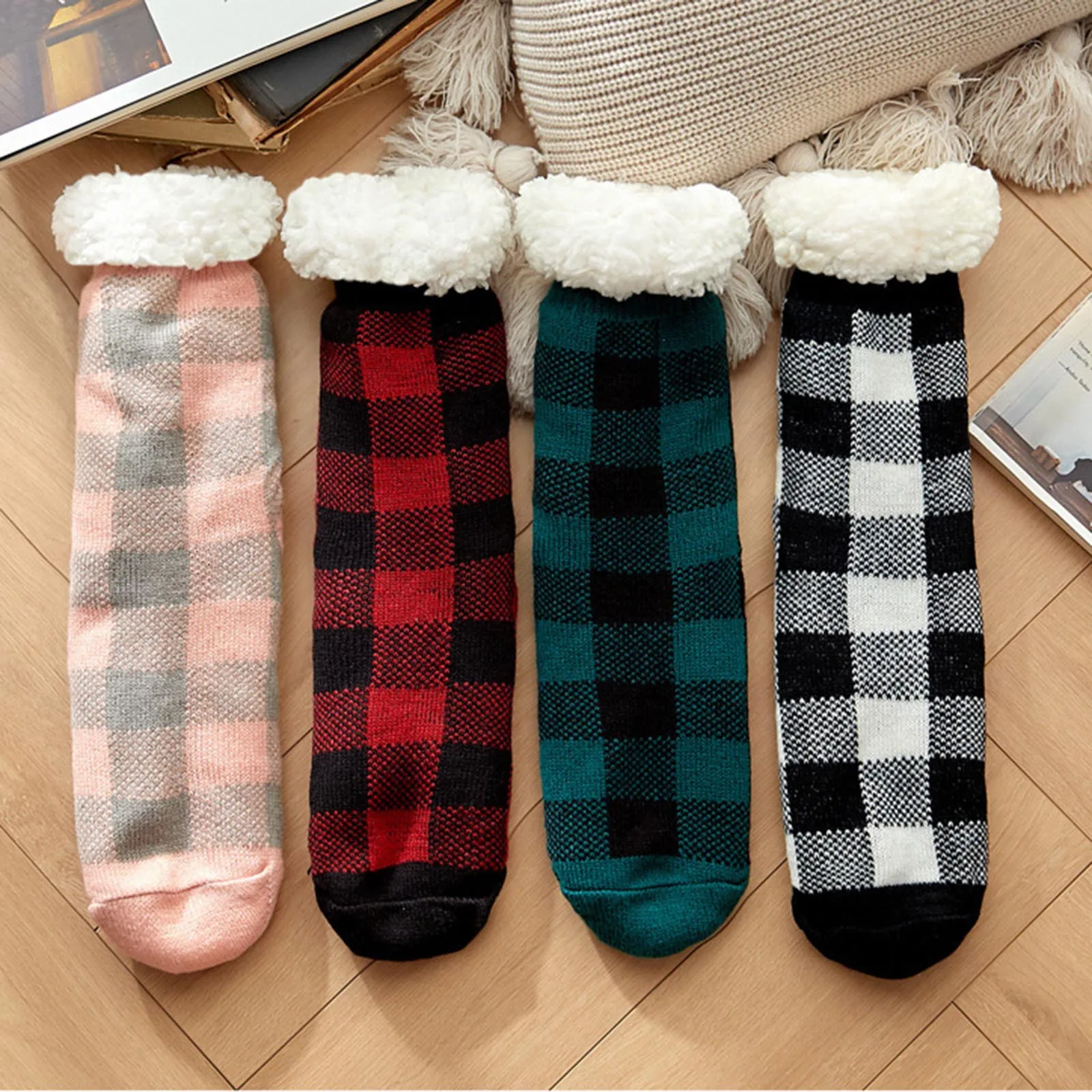 

Женские носки в клетку в стиле Харадзюку 1 пара, зимние теплые утепленные мягкие Повседневные тапочки, носки, шерстяные кашемировые домашни...