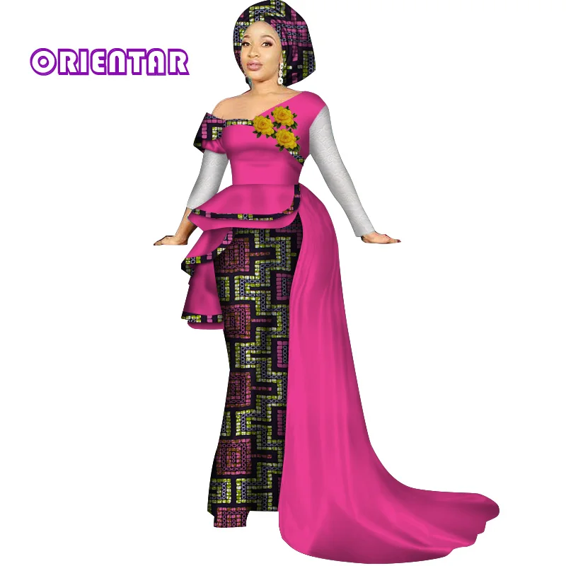 

Traditional African Dresses for Women Elegant Lady Lace Sleeve African Wedding Party Dresses African Bazin Riche Clothing WY213