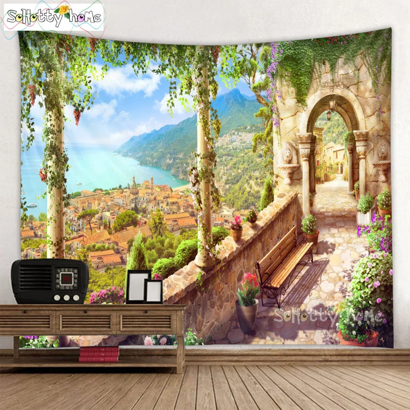 Большое пляжное одеяло гобелен настенный арочный цветок путь приморский город