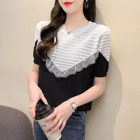 womens lace splicing short sleeve loose ice top womens thin french knitwear hollow short summer