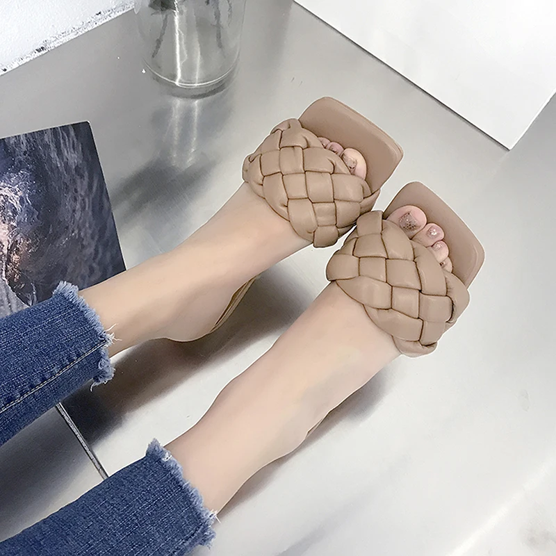 

Cross Woven Summer Slides Women High Heels Pumps Individual Weave Leisure Blue Office Ladies Prom Slippers Female Shoes
