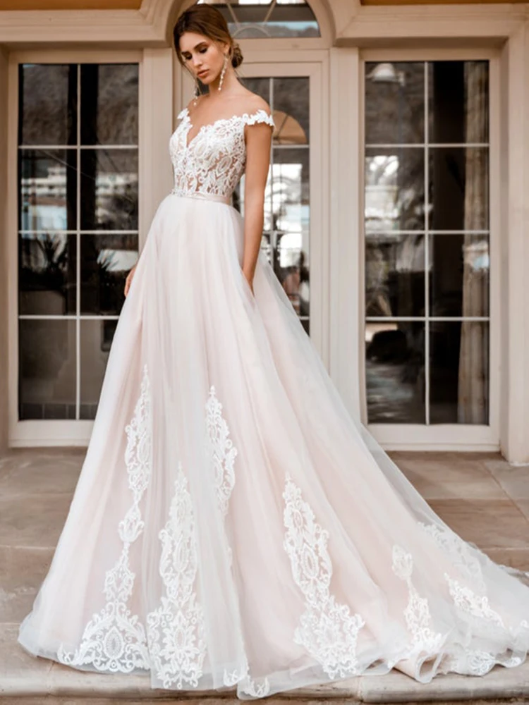 

Booma A-line Pink Wedding Dresses Lace 2019 Off Shoulder Sleeveless Beach Bridal Gown Illusion Tulle Wedding Gown Boho Plus Size