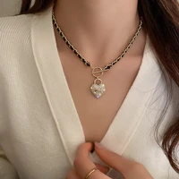new fashion leather winding chain diamond love lock t shaped buckle necklace female temperament exquisite clavicle chain
