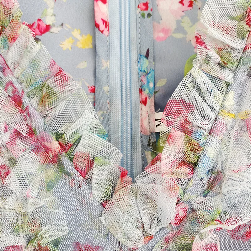 

High Quality Spring and Summer New Women's Elegant Temperament Holiday Style Mesh Stitching Printed Wooden Lace Pleated Dress