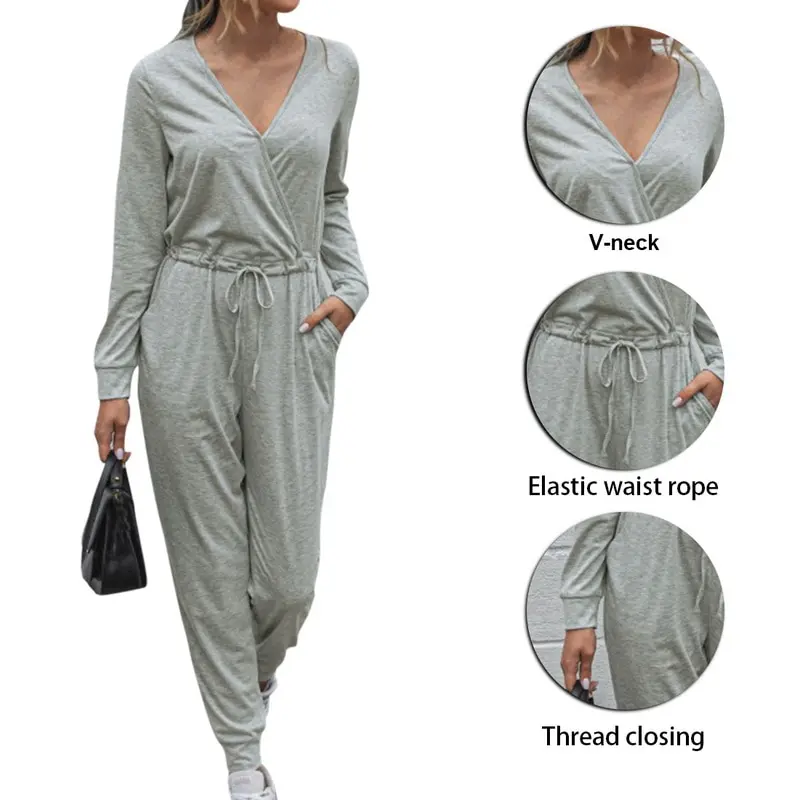 

Female Casual Set Rompers Womens Jumpsuits Casual Drawstring Long Sleeve Sexy V Neck Overalls Plus Size Bohemian Style