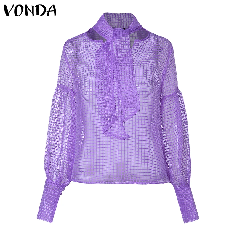 VONDA, плюс размер, Женская сетчатая блузка, сексуальная, открытая, рукав-фонарик, топы, элегантные женские рубашки с шарфом,, прозрачные блузы