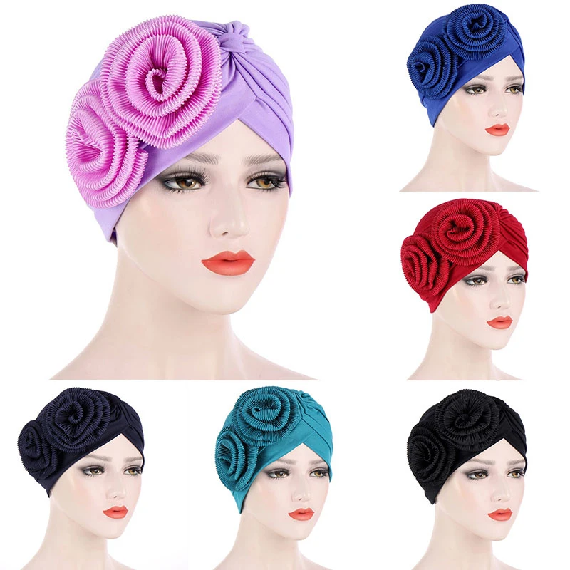 

Two Big Flower Decals Indian Hat Solid Color Hot Selling Round Resuable Night Cap Head Cover Sleep Hat Hair Accessories