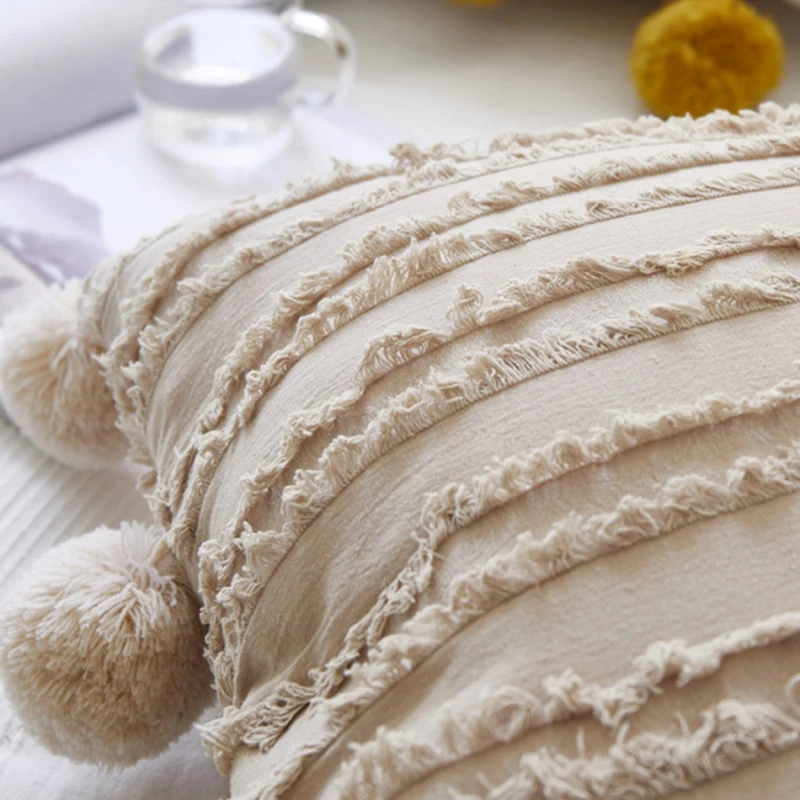 

Soft Cushion Cover Retro Style Simple Sofa Pillow Cotton Linen Jacquard Ball Pillow Pure Color Tassel Cushion