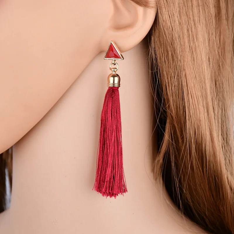 

Bohemian Tassel Crystal Long Drop Earrings for Women Red Cotton Silk Fabric Fringe Earrings Fashion Woman Jewelry