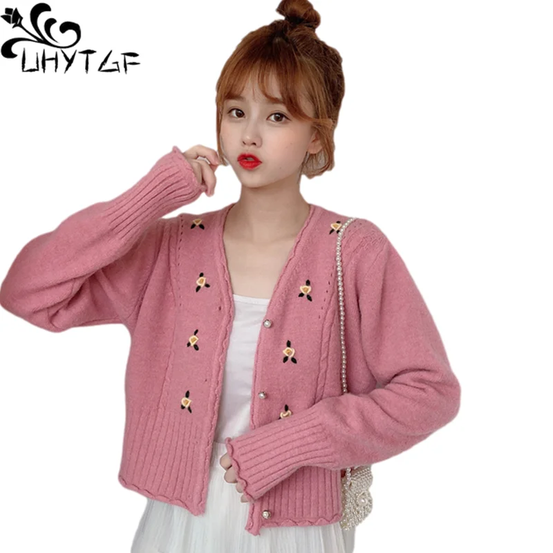 

UHYTGF Pink Sweaters Female Cute Girl Knitted Autumn Coat Cardigan For Women Long Sleeve V-Neck Casual Short Tops Jacket 1296