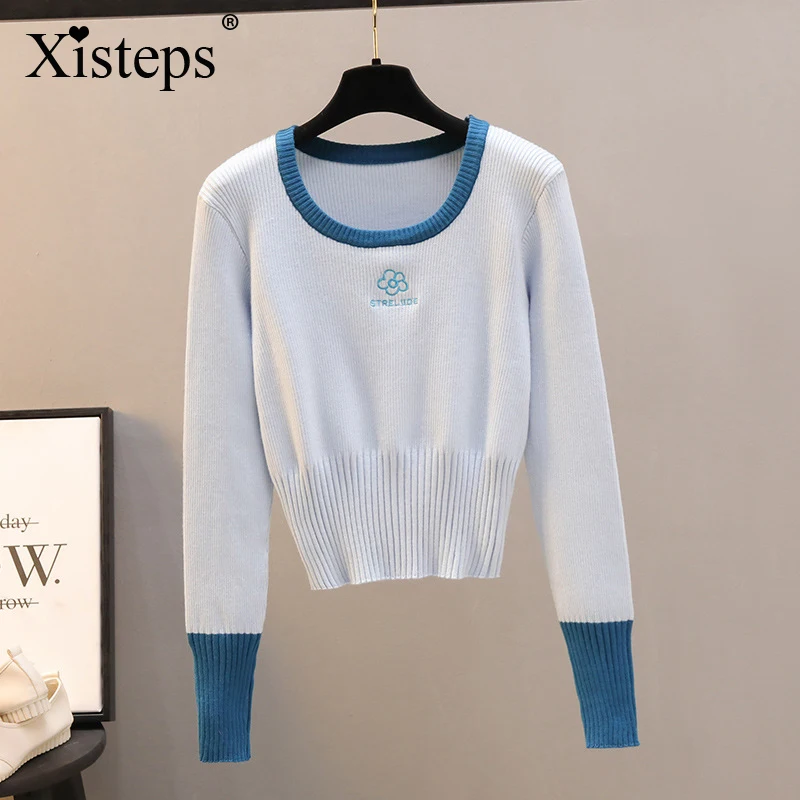 

Xisteps тонкий вязаный женский пуловер, свитер, рубашки с длинным рукавом, Женская Базовая короткая блузка с цветочной вышивкой в полоску