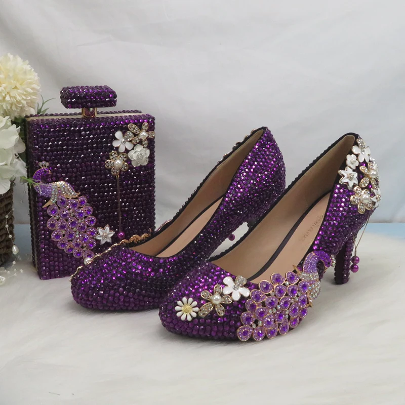 BaoYaFang punta tonda cristallo viola pavone scarpe da sposa e borsa set moda donna tacco alto scarpe con plateau pompe da donna