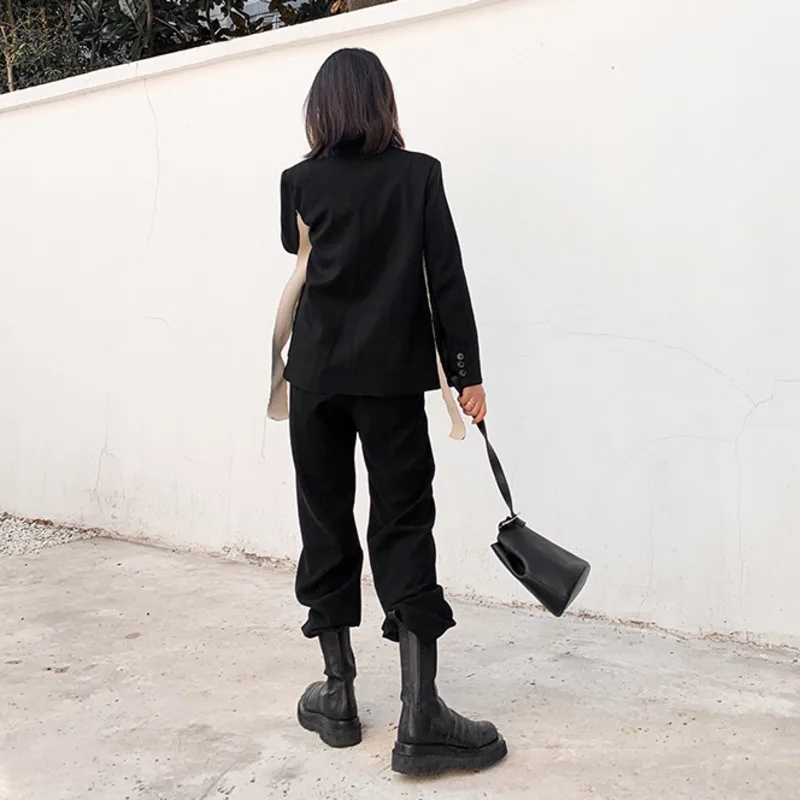 [EWQ] 2022 Spring Women Spliced Hit Color Temperament Blazer New Lapel Long Sleeve Loose Fit Jacket Fashion Ladies Office Coat | Женская