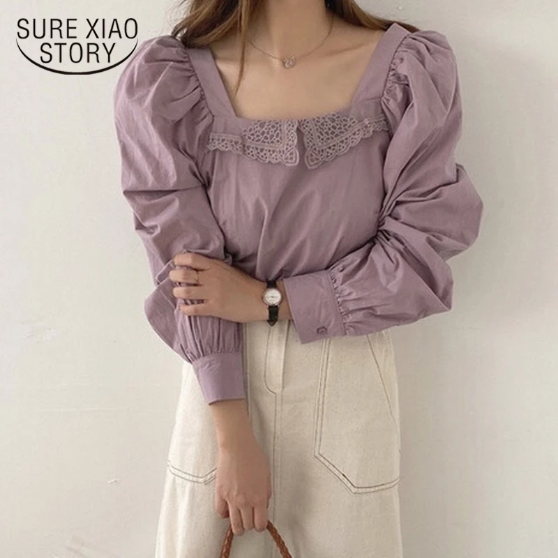 

Блузка женская однотонная хлопковая с длинным рукавом и квадратным вырезом, 14304