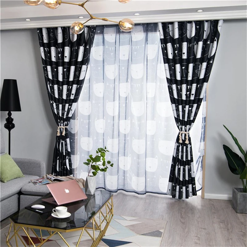 Занавеска с рисунком кота из мультфильма черно-белая для детской комнаты