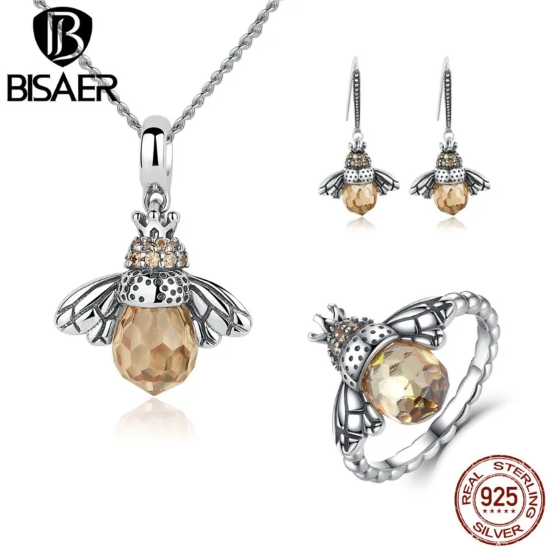 

BISAER 925 Sterling Silver Cute Orange Bee Animal Pendants Necklaces & Stud Earrings & Ring Fashion Zircon Dubai Jewelry Sets