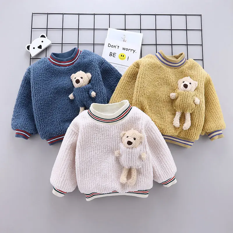 

Winter Children Solid Clothes Thicken T-shirt Plus Velvet Baby Boys Girls Cartoon Sweatshirt with bear Kids Casual coats outwear