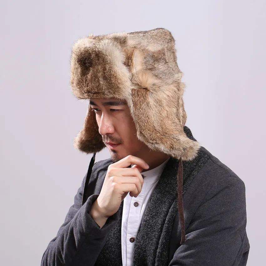 ICYMI Thick Warm Bomber Hat Men Real Rabbit Fur Earflap Trapper Russian Cap Male Plus Size Winter Hats for Men Ski Russian Hat