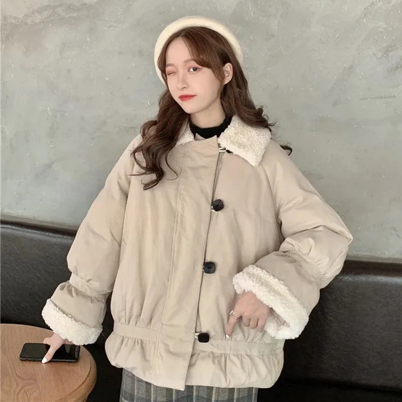 

Korean Lamb Wool Stitching Thick Coat Women Winter Turn-down Collar Single-breasted Warm Jackets Casual Preppy Style Women Coat