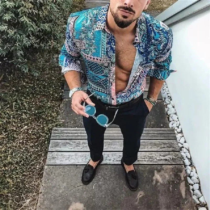 

Мужская рубашка в этническом стиле ZOGAA, винтажная гавайская рубашка с длинными рукавами, отложным воротником и пуговицами, 2021
