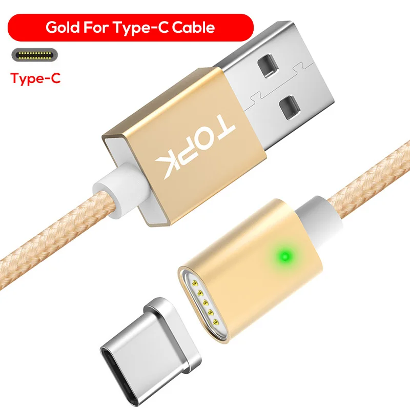 Gold Cable TOPK F-Line Магнитный кабель usb type C 5 в 2.4A нейлоновый Плетеный Светодиодный индикатор USB C магнитное зарядное устройство, кабель для телефонов usb type-C - Цвет: Gold Cable