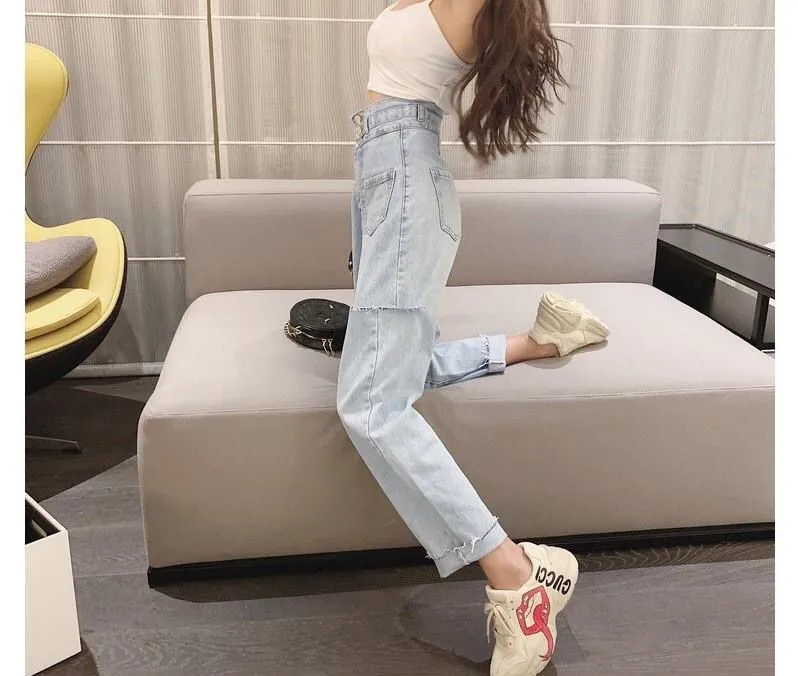 

Fashion Women Jeans Pants Leisure Loose Streetwear Vintage Blue High Waist Harajuku Hole Straight Pants Ripped Denim Clothing