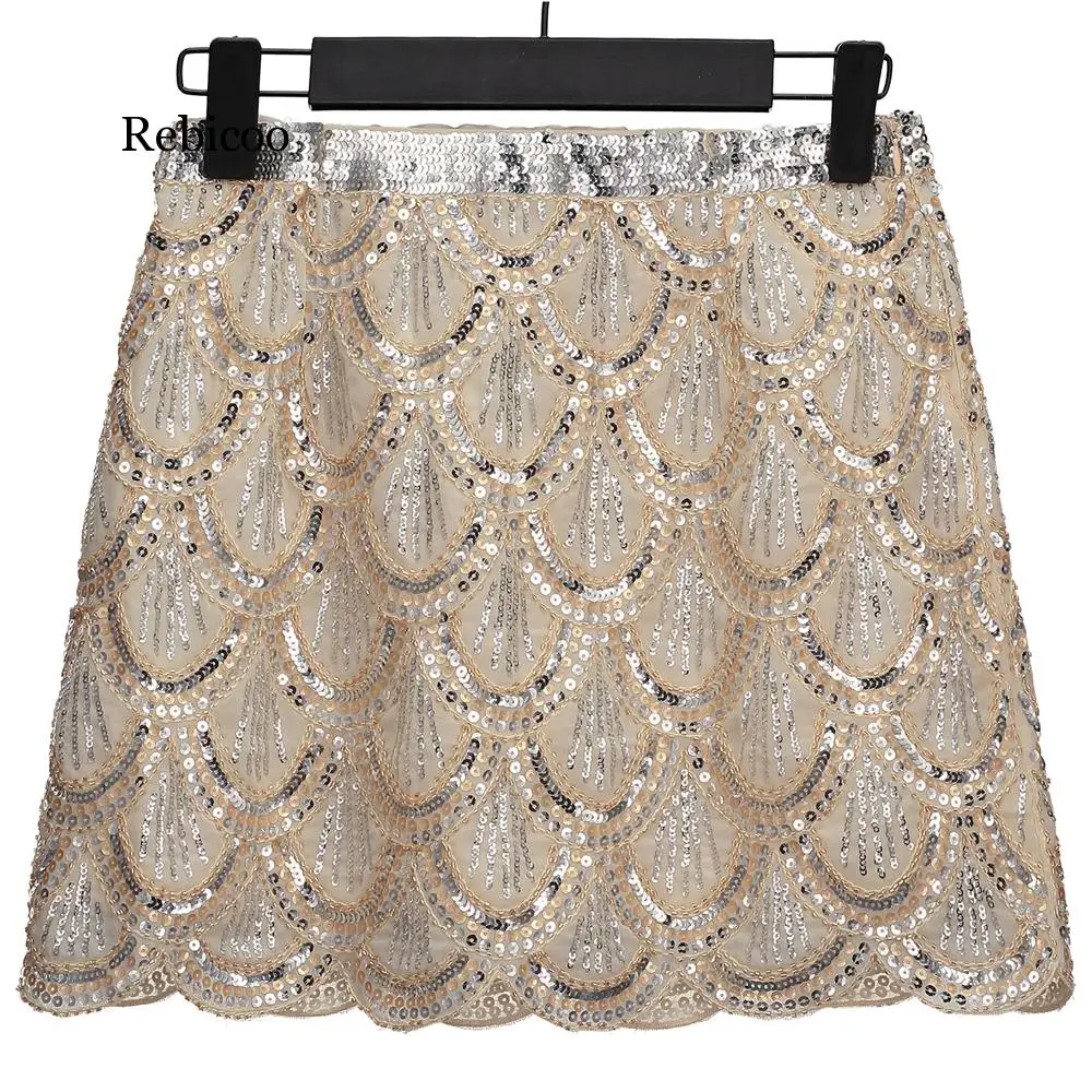 Женская шифоновая Мини-юбка с блестками винтажная блестящая юбка высокой талией