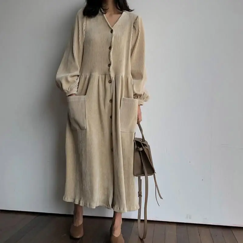 Женское винтажное вельветовое платье с рукавом фонариком туника v образным