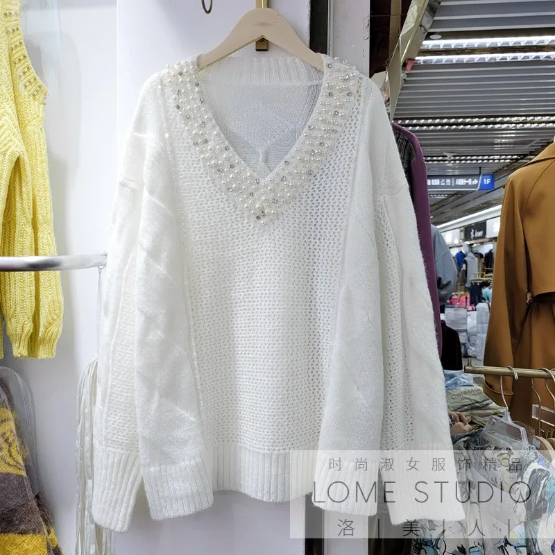 

Korea-style Autumn Women Basic Shirt Beading V-neck Pullovers Knitted Jumpers Solid Color Loose Long Sleeve Knitted Sweaters