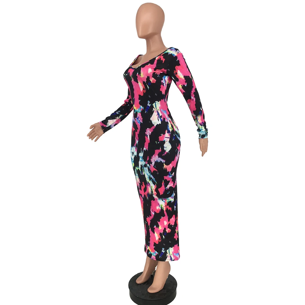 

Women Dress Multicolor Tie Dye Print Spring Slim Fit Deep V Neck Full Sleeve Package Hip Dress Vintage Backless Mid Calf Dresses