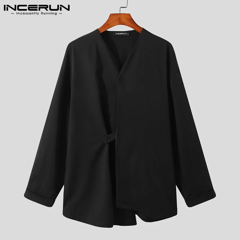 INCERUN Fashion Men Shirt V Neck Long Sleeve Streetwear Solid Color Korean Casual Irregular Shirts 2022 Button Loose Camisas