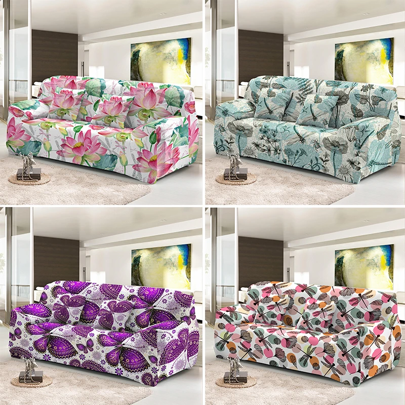 

Butterfly And Dragonfly Sofa Cover For Living Room Elastic All-Inclusive Combination Easy Set Up Lotus Couch Covers 1/2/3/4 Seat