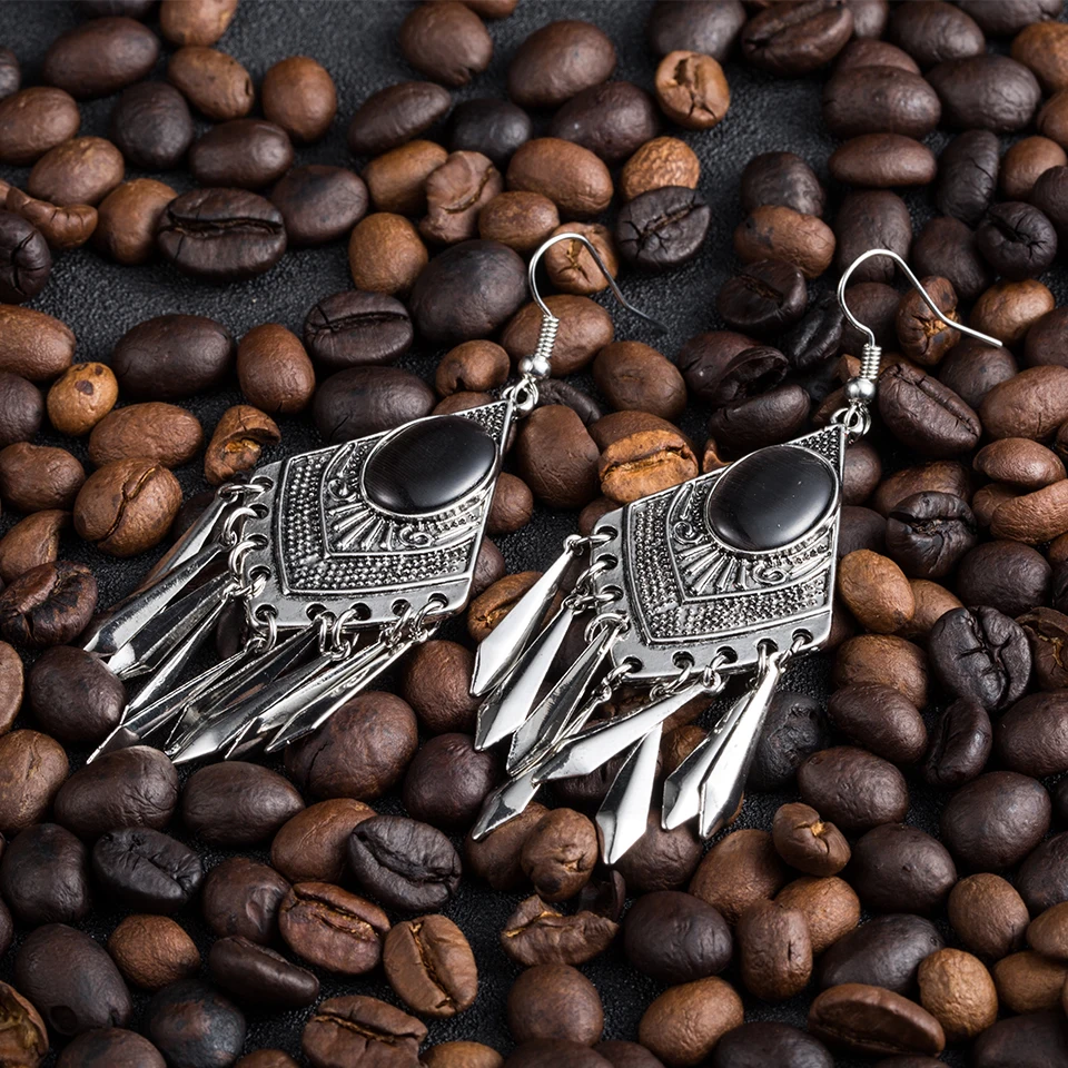 Женские винтажные серьги кошачий глаз черные в богемном стиле с длинными