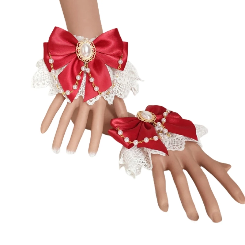 

Sweet Lolita Hand Wrist Cuffs Floral Lace Bow Pearl Chain Bracelet Wristband K3NF