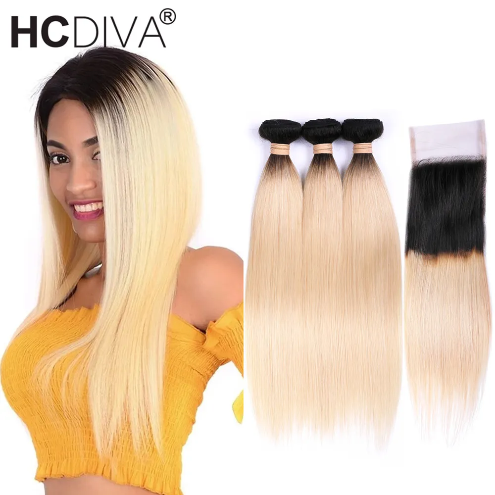 

1B/613 Blonde Brazilian Straight Human Hair 3 Bundles With Closure Ombre Remy Human Hair Bundles With Closure 2 Tone Dark Root