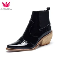 2019 genuine leather brand women boots pointed toe wedges shoes autumn winter boots short ladies western ankle boots for women