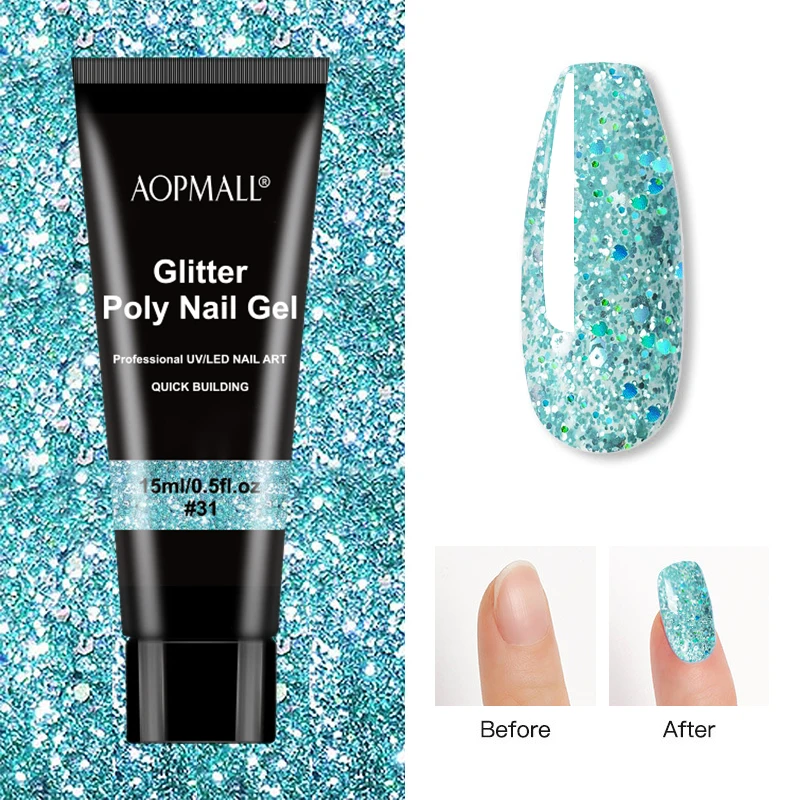 AOPMALL® 15ml Poly Nail Gel Solid Color&Glitter Nail Extension Manicure Poly Builder Gel Semi Permanent Soak Off Nail Art