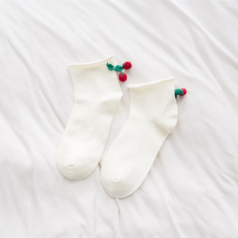 White Cherry Милые носки с фруктами для девочек; модные носки в японском и корейском стиле на каблуке с объемным рисунком вишни, арбуза; бархатные носки с подвеской - Цвет: White Cherry
