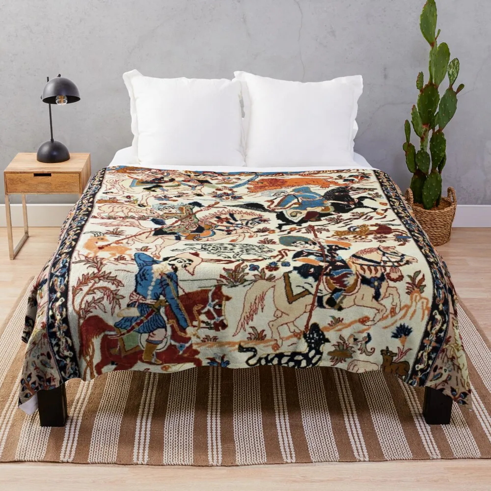 

Blue Antique Persian Isfahan Silk Rug with Flowers Animals Print