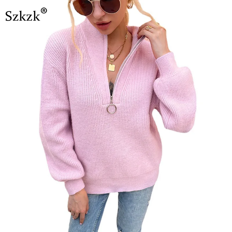 

Szkzk Knitted Loose Sweater Zip Up Tops Women Pullover Female Jumper Fall Winter Long Lantern Sleeve Sexy Sweaters And Pullovers