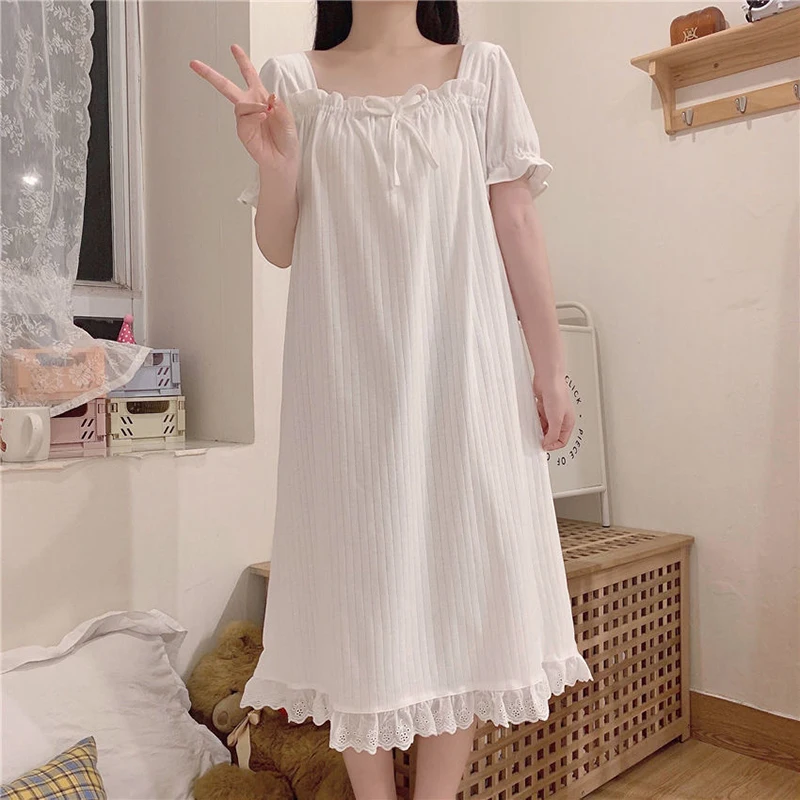 Womens Ribbed Summer Lace Vintage Nightgown Victorian Princess Nightdress Short Sleeve Chemises Babydoll Lounger Sleepwear M-2XL