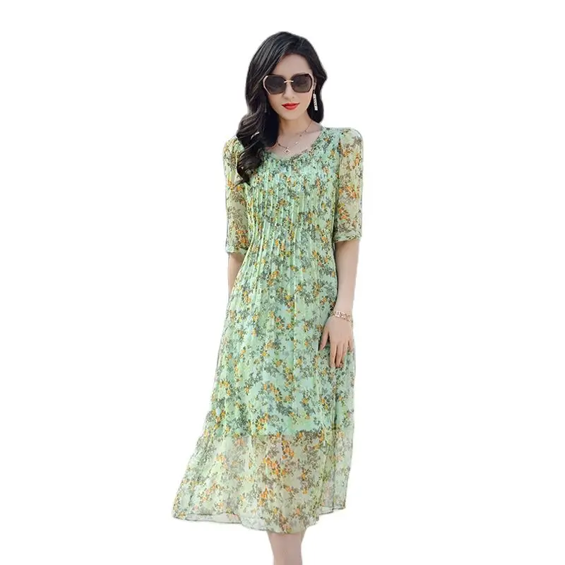 TML21442 New 2021 Women's Spring Clothing Elegant Floral Print Large Size Slim round Neck 100% Silk Dress for Women