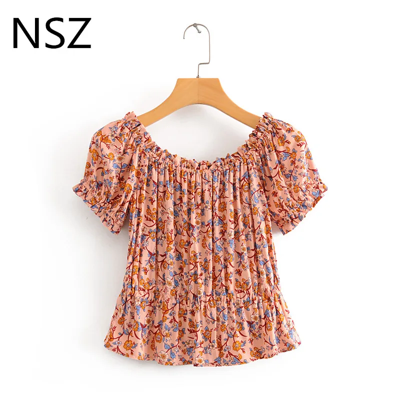 NSZ women printed cotton crop top summer blouse off shoulder sexy ruffles cropped shirt fashion beach style female blusa | Женская