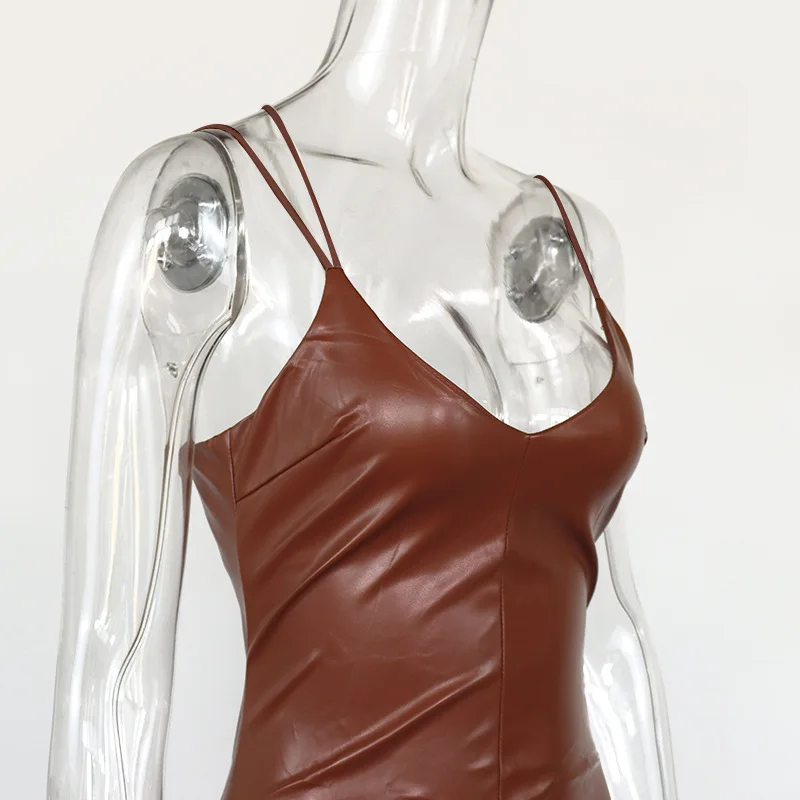 

Autumn 2020 New Women's Sexy V Collar Backpack Hip Open Fork Sling Leather Skirt Dress Women