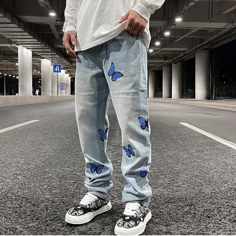 Jenas Harajuku Straight Butterfly Pants Print Mens Retro Washed for Blue Vibe Style Ripped Casual Denim Trousers Oversized
