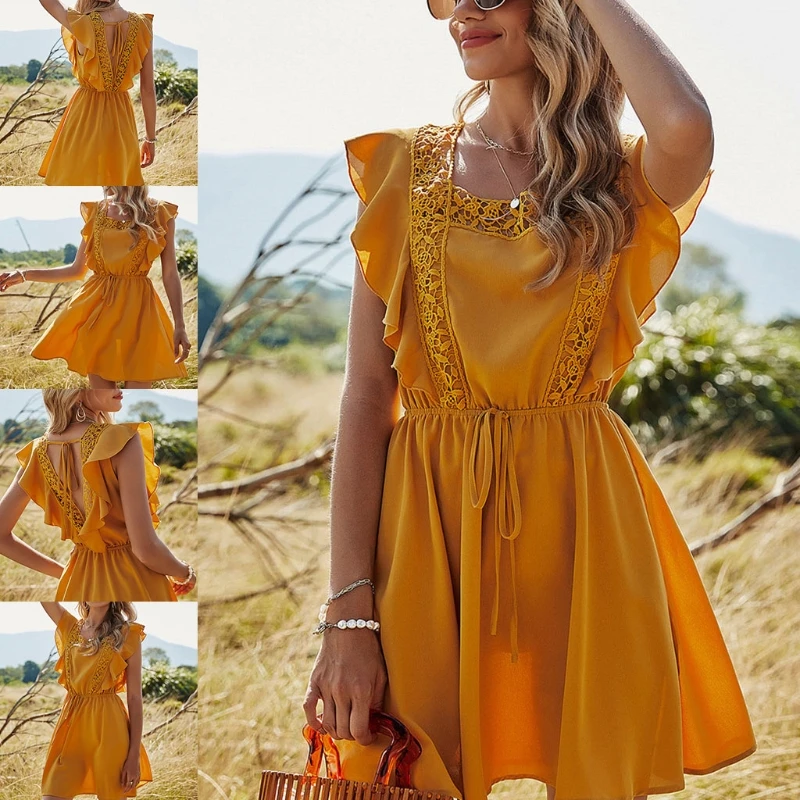 

Women Summer Beach Dress Holiday Sundress Backless Solid Color Ruffles Square Neck Stitching High Waist Short Sleeve Dress