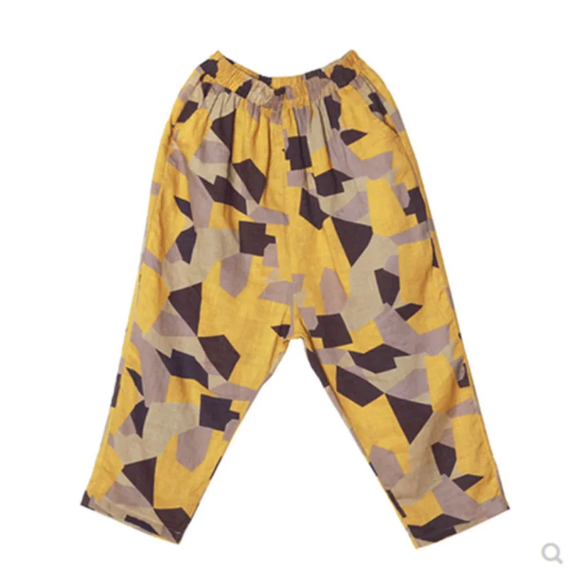 Large Size Women's Harem Pants Cotton Linen Printed Cropped Trousers Summer Thin Casual Pants Elastic Waist Radish Pants A844